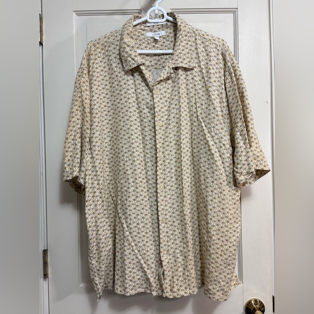 Visitor Mens Brown Vintage 100% Silk Short Sleeve Button Up Shirt XXL